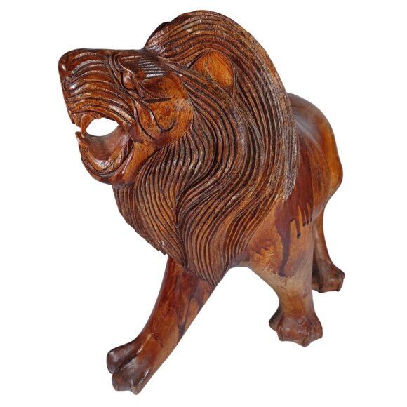 Set o2 Huge Hand-Carved Mid Century Wooden Wood  Roaring Lion Statues 17x13 - Picture 9 of 16